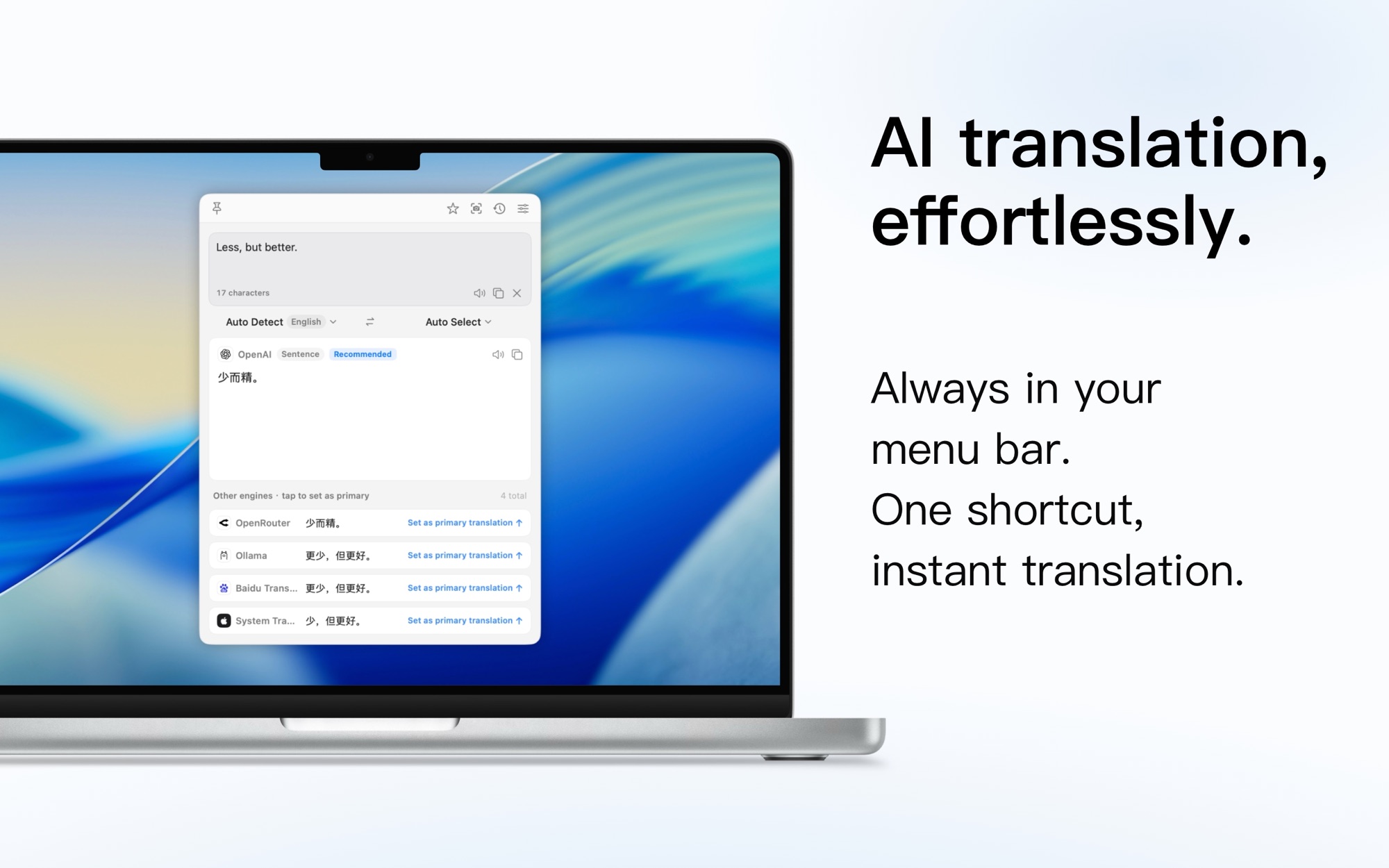 TransOne translating from the menu bar, with several engines compared at once.
